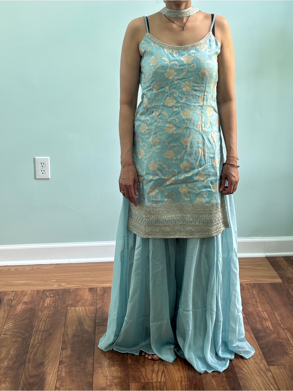 Light Blue & Gold Embroidered Sleeveless Kurta with Flowing plazo